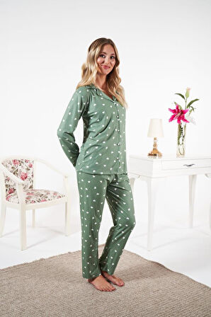 Kadın Kışlık Önden Düğmeli Kalp Desenli Süet Pijama Takımı