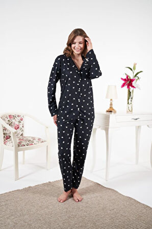 Kadın Kışlık Önden Düğmeli Kalp Desenli Süet Pijama Takımı