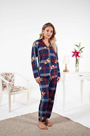 Kadın Kışlık Önden Düğmeli Ayıcıklı Kareli Süet Pijama Takımı