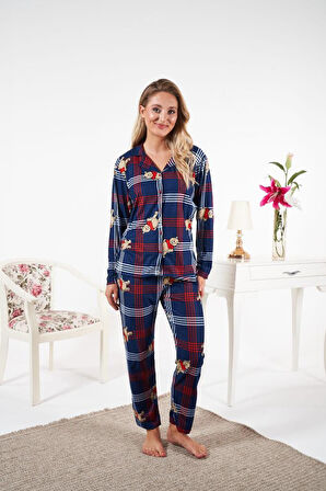 Kadın Kışlık Önden Düğmeli Ayıcıklı Kareli Süet Pijama Takımı