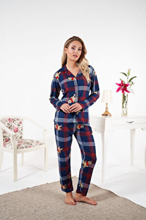 Kadın Kışlık Önden Düğmeli Ayıcıklı Kareli Süet Pijama Takımı