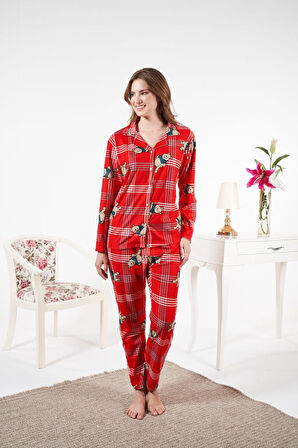 Kadın Kışlık Önden Düğmeli Ayıcıklı Kareli Süet Pijama Takımı