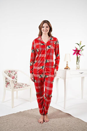 Kadın Kışlık Önden Düğmeli Ayıcıklı Kareli Süet Pijama Takımı