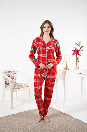 Kadın Kışlık Önden Düğmeli Ayıcıklı Kareli Süet Pijama Takımı