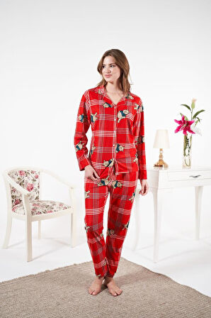 Kadın Kışlık Önden Düğmeli Ayıcıklı Kareli Süet Pijama Takımı