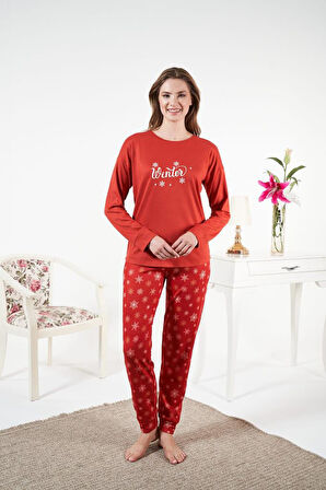 Kadın Kışlık Kar Desenli Termal Pijama Takımı Kırmızı
