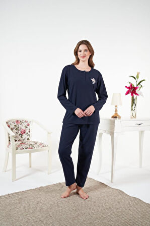 Kadın Kışlık Patlı Çiçek Motifli İnterlok Şardonlu Pijama Takımı
