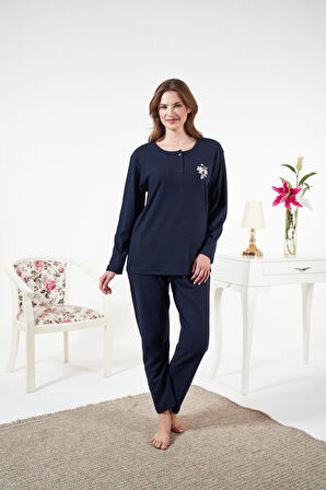 Kadın Kışlık Patlı Çiçek Motifli İnterlok Şardonlu Pijama Takımı