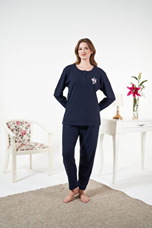Kadın Kışlık Patlı Çiçek Motifli İnterlok Şardonlu Pijama Takımı