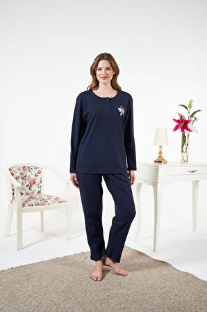 Kadın Kışlık Patlı Çiçek Motifli İnterlok Şardonlu Pijama Takımı