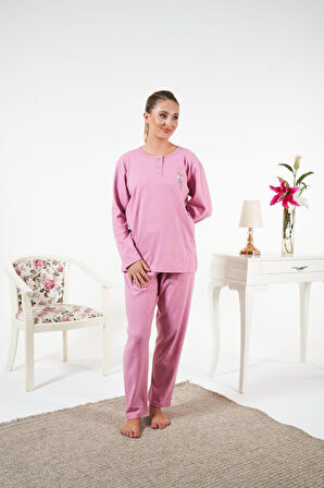 Kadın Kışlık Patlı Çiçek Motifli İnterlok Şardonlu Pijama Takımı