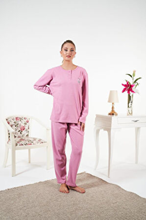 Kadın Kışlık Patlı Çiçek Motifli İnterlok Şardonlu Pijama Takımı