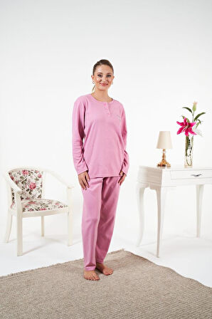 Kadın Kışlık Patlı Çiçek Motifli İnterlok Şardonlu Pijama Takımı