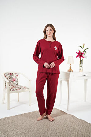 Kadın Kışlık Patlı Çiçek Motifli İnterlok Şardonlu Pijama Takımı