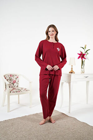 Kadın Kışlık Patlı Çiçek Motifli İnterlok Şardonlu Pijama Takımı