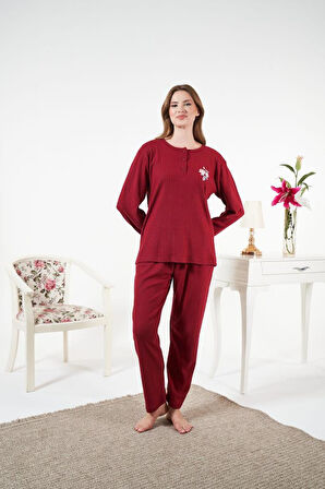 Kadın Kışlık Patlı Çiçek Motifli İnterlok Şardonlu Pijama Takımı
