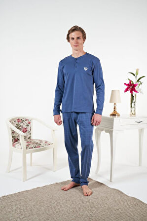 Erkek Kışlık Patlı Kareli Penye İnterlok Pijama Takımı Mavi