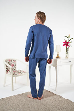 Erkek Kışlık Patlı Kareli Penye İnterlok Pijama Takımı Mavi