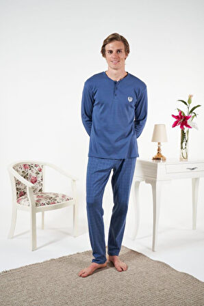 Erkek Kışlık Patlı Kareli Penye İnterlok Pijama Takımı Mavi