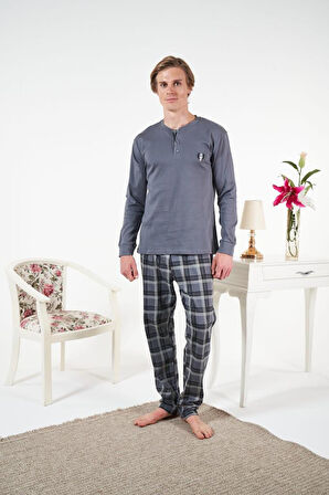 Erkek Kışlık Patlı Kareli Penye İnterlok Pijama Takımı Gri