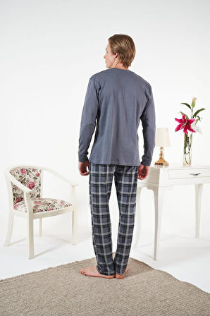 Erkek Kışlık Patlı Kareli Penye İnterlok Pijama Takımı Gri