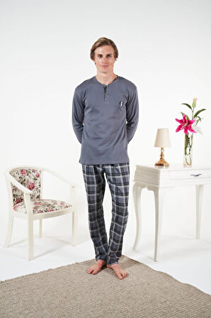 Erkek Kışlık Patlı Kareli Penye İnterlok Pijama Takımı Gri