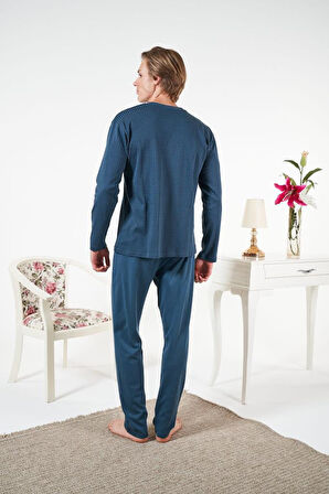 Erkek Kışlık Patlı Kareli Penye İnterlok Pijama Takımı İndigo