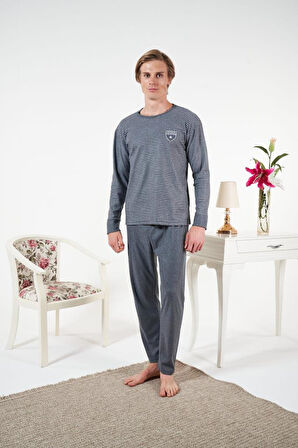 Erkek Kışlık Çizgili İnterlok Şardonlu Pijama Takımı