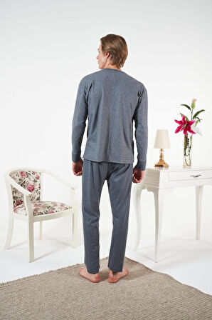 Erkek Kışlık Çizgili İnterlok Şardonlu Pijama Takımı