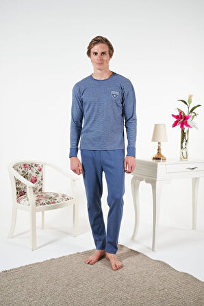 Erkek Kışlık Çizgili İnterlok Şardonlu Pijama Takımı