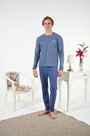 Erkek Kışlık Çizgili İnterlok Şardonlu Pijama Takımı