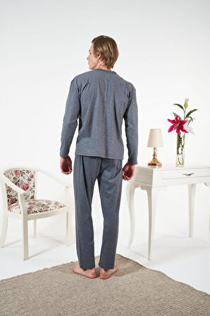 Erkek Kışlık Patlı Çizgili İnterlok Şardonlu Pijama Takımı