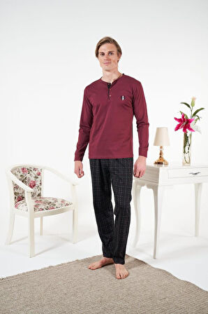 Erkek Kışlık Patlı Kareli Penye Süprem Pijama Takımı Bordo