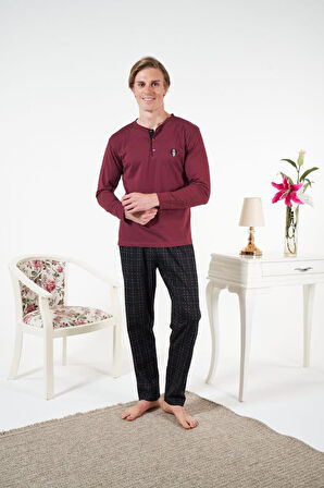 Erkek Kışlık Patlı Kareli Penye Süprem Pijama Takımı Bordo