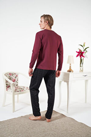 Erkek Kışlık Patlı Kareli Penye Süprem Pijama Takımı Bordo