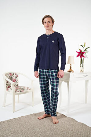 Erkek Kışlık Patlı Kareli Penye Süprem Pijama Takımı Lacivert