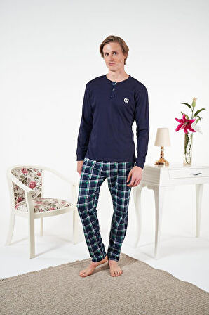 Erkek Kışlık Patlı Kareli Penye Süprem Pijama Takımı Lacivert