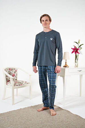 Erkek Kışlık Patlı Kareli Penye Süprem Pijama Takımı Petrol