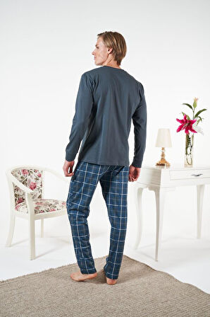 Erkek Kışlık Patlı Kareli Penye Süprem Pijama Takımı Petrol