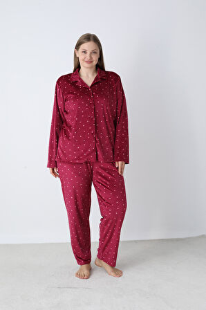 Kadın Kışlık Önden Düğmeli Kalp Desenli Kadife Battal Pijama Takımı Bordo