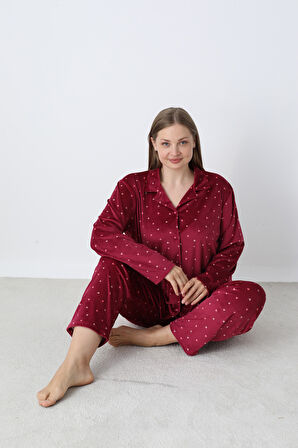 Kadın Kışlık Önden Düğmeli Kalp Desenli Kadife Battal Pijama Takımı Bordo
