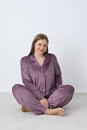 Kadın Kışlık Önden Düğmeli Yıldız Desenli Kadife Battal Pijama Takımı Mor