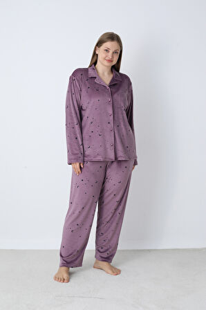 Kadın Kışlık Önden Düğmeli Yıldız Desenli Kadife Battal Pijama Takımı Mor