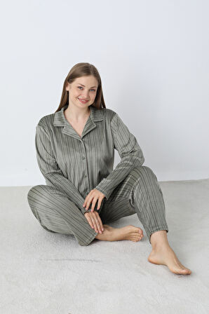 Kadın Kışlık Önden Düğmeli Çizgili Kadife Battal Pijama Takımı Yeşil