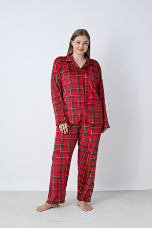 Kadın Kışlık Önden Düğmeli Kareli Kadife Battal Pijama Takımı Kırmızı