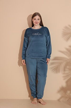 Kadın Kışlık Kadife Battal Pijama Takımı