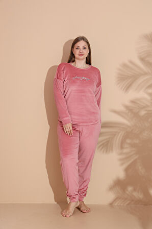 Kadın Kışlık Kadife Battal Pijama Takımı