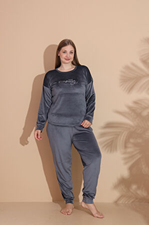 Kadın Kışlık Kadife Battal Pijama Takımı