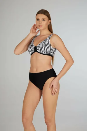 Estiva Kadın Çizgi Desenli Siyah Toparlayıcı Emprime Battal Beden Bikini Takımı