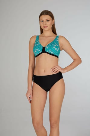 Estiva Kadın Kare Desenli Siyah Toparlayıcı Emprime Battal Beden Bikini Takımı